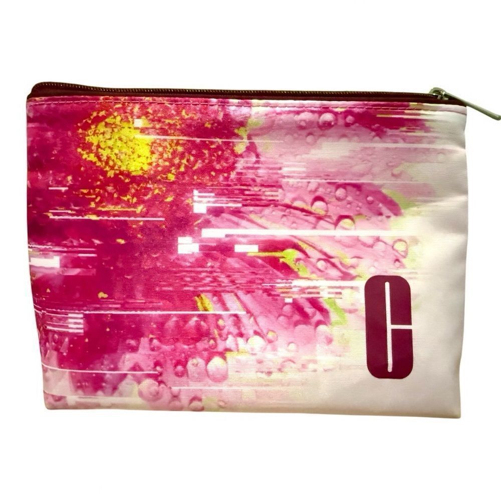 Clinique Pink & Yellow Cosmetic Bag 9”x6” Makeup Pouch with Satin Lining